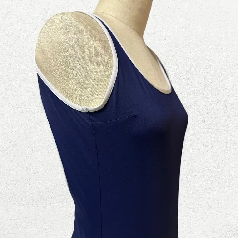 Sporty & Rich Carla Open Back One Piece Swimsuit in Navy Blue & White